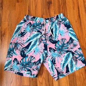 SHEIN Pink and Blue Leaf Print Swim Shorts